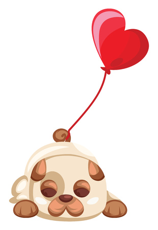Brown and white puppy laying with a big red balloon tied on his tail vector illistration on white background.のイラスト素材