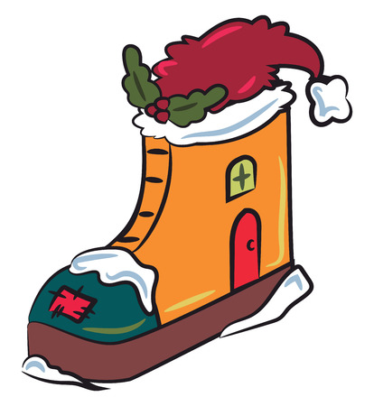 A decorative piece of high ankle show house with Santa hat & green wreath vector color drawing or illustrationのイラスト素材