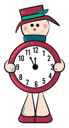 A white round dial clock with cherry decoration is showing time vector color drawing or illustration のイラスト素材