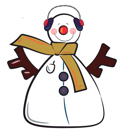 A cute snowman with headgear and wooden arms vector color drawing or illustrationのイラスト素材