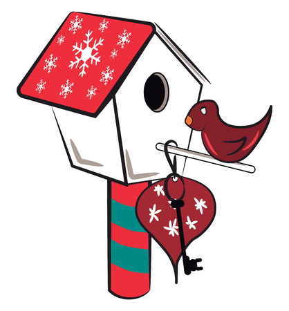 An aviary decorated in red & green festive theme with a bird sitting on the arms vector color drawing or illustrationのイラスト素材