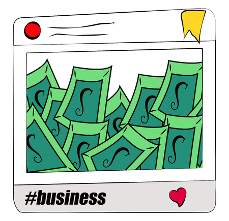 Tablet screen with green bills and business hashtag depicting to share the keyword vector color drawing or illustrationのイラスト素材