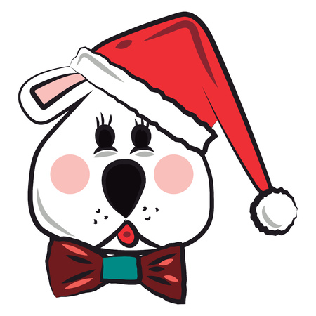 A puppy with Santa hat & red ribbon on neck all set for festive celebrations vector color drawing or illustrationのイラスト素材
