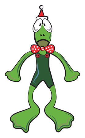 A green frog is wearing red ribbon & Santa hat during Christmas vector color drawing or illustrationのイラスト素材