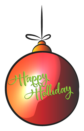 Holiday decoration of red color hanging ball with wish printed on it vector color drawing or illustrationのイラスト素材