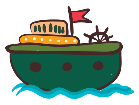 A colorful round shaped vessel with red flag and ship's wheel vector color drawing or illustrationのイラスト素材