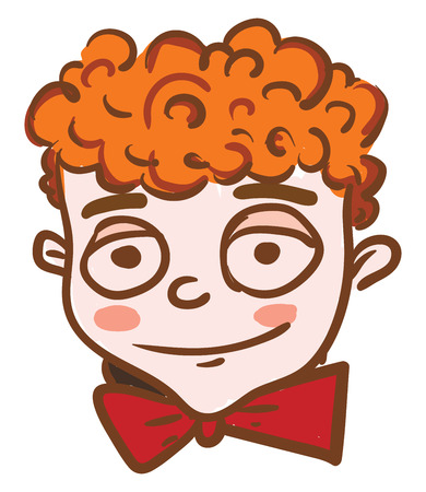 A boy with head of curly hair is wearing a red neck bow tie vector color drawing or illustrationのイラスト素材