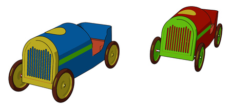 Two multicolored toy vehicles either made up of plastic or metal kept on the shelf of a shop vector color drawing or illustrationのイラスト素材