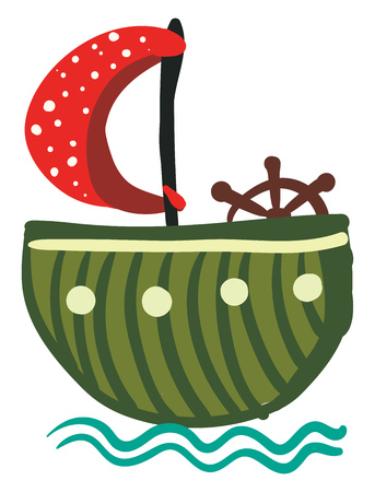Green round boat with red polka dot sail and steering wheel vector color drawing or illustrationのイラスト素材