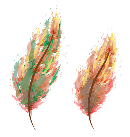Water color painting of two beautiful feathers in shades of red yellow and green vector color drawing or illustrationのイラスト素材