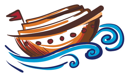 Painting of a brown sailing boat in blue water with red flag vector color drawing or illustrationのイラスト素材