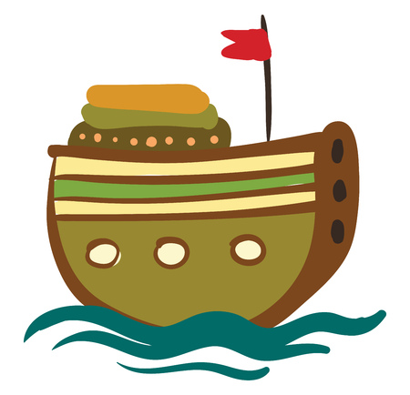 A wooden round ship with red flag is floating on the water vector color drawing or illustrationのイラスト素材