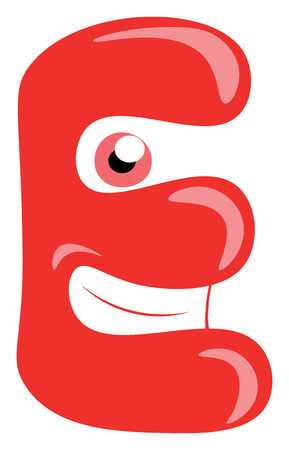 A happy red color alphabetic creature E with big round eyes and set of tooth vector color drawing or illustrationのイラスト素材