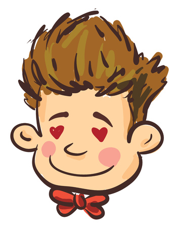 A love stuck curly hair boy is wearing a red bow neck tie vector color drawing or illustrationのイラスト素材