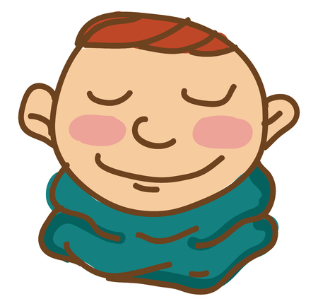 A blushing brown hair boy in blue neck scarf vector color drawing or illustrationのイラスト素材