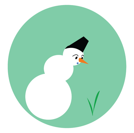 A snowman with black hat and carrot nose is looking at green grass vector color drawing or illustrationのイラスト素材