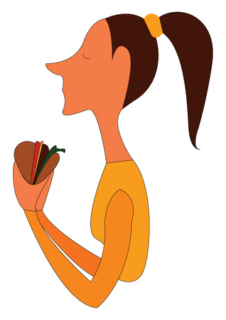 Portrait of a girl with ponytail holding a burger vector illustration on white backgroundのイラスト素材