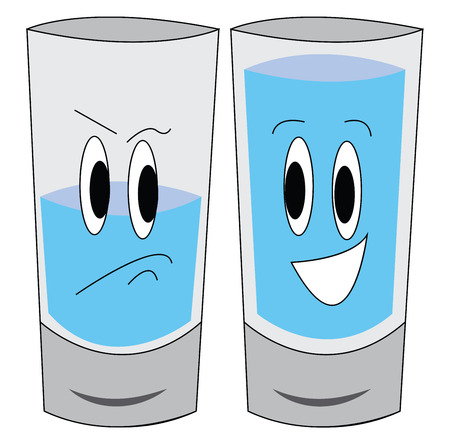 Vector illustration of a sad half-full glass of water and a happy full glass of water white backgroundのイラスト素材