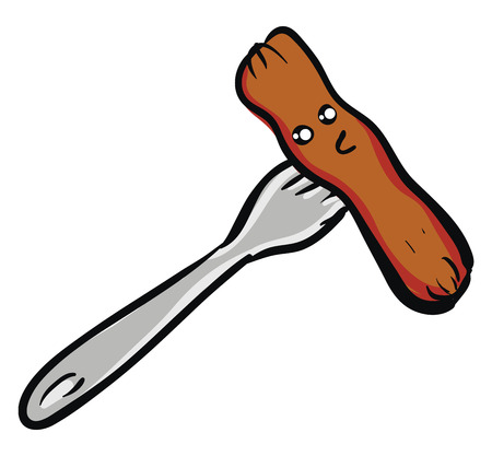 Suprissed brown sausage on a silver fork vector illustration on white backgroundのイラスト素材