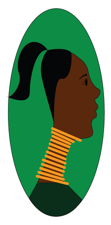 Profile of a girl wiith golden neck rings vector illustration in green eclips on white backgroundのイラスト素材