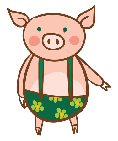 A baby pig is wearing a green and yellow suspender dress vector color drawing or illustrationのイラスト素材