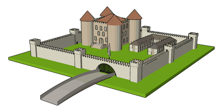 Medieval castle with fortified wall and towersand bridge vector illustration on white backgroundのイラスト素材