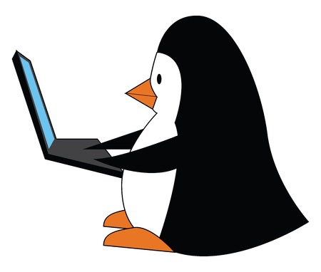 Black and white penguine with a laptop vector illustration on white backgroundのイラスト素材