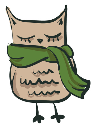 An image of a rectangular shaped owl with eyes closed wearing a green muffler vector color drawing or illustrationのイラスト素材