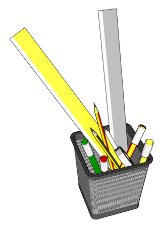 Wire pen cup with rulers and several pens and penciles vector illustration on white backgroundのイラスト素材