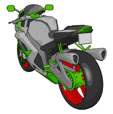 3D vector illustration on white background of a grey red and green motorcycleのイラスト素材