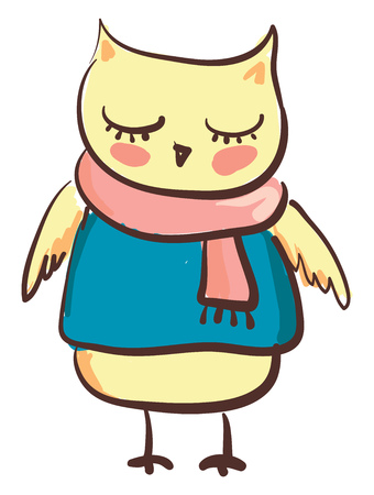 An owl with his eyes closed wearing a blue tshirt and a peach scarf draped around its neck vector color drawing or illustrationのイラスト素材