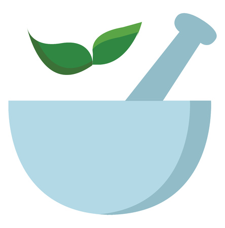 Light blue mortar with two green leaves vector illustration on white backgroundのイラスト素材