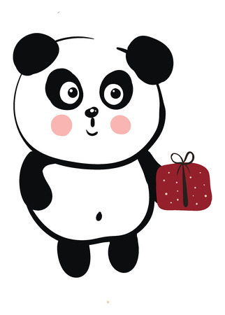 Cute black and white panda holding a red gift vector illustration on white backgroundのイラスト素材