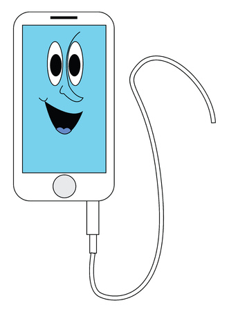 White and blue smiling iphone with white cord  vector illustration on white backgroundのイラスト素材