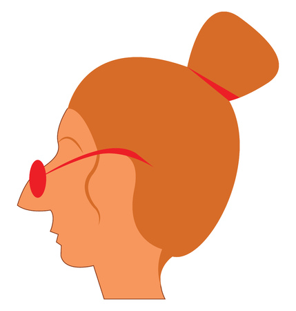 A lady with long pointed nose with her spectacles resting on it and hair tied up in a high bunのイラスト素材
