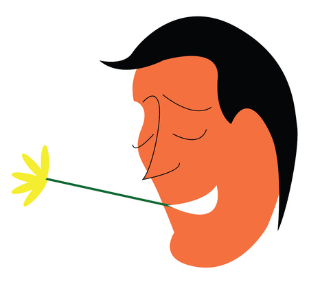 A cartoon of a man with black hair holding a yellow flower in his mouth vector color drawing or illustrationのイラスト素材