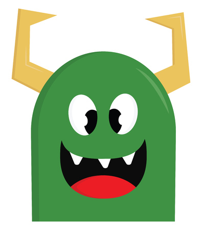 Happy green monster with yellow horns vector illustration on white backgroundのイラスト素材
