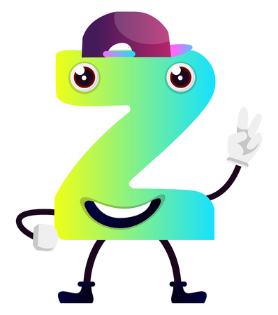 Green cartoon letter Z with purple hat vector illustartion on white backgroundのイラスト素材
