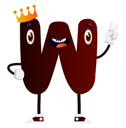 Brow cartoon letter W eith gold crown vector illustration on white backgroundのイラスト素材