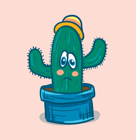 confused cactus with hat vector or color illustrationのイラスト素材