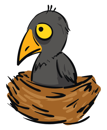 Cartoon of a small grey crow in a brown nestのイラスト素材