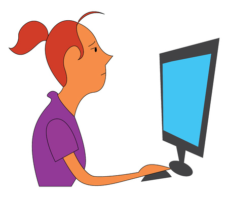Girl working on project on desktop computer illustration print vector on white backgroundのイラスト素材
