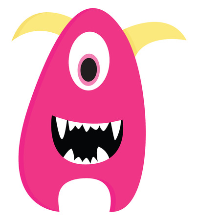 Cute smiling pink one-eyed monster with yellow horns vector illustration on white backgroundのイラスト素材