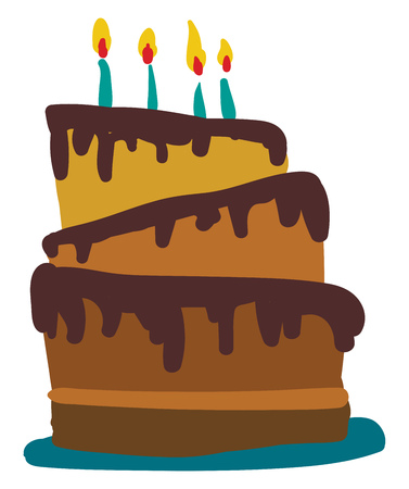 Chocolate cake with burning candles vector or color illustration