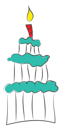 Three-story cake with blue frosting and red  candle on top vector illustration on white backgroundのイラスト素材