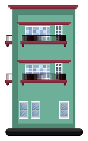 Cartoon green building with red roof and two floors vector illustartion on white backgroundのイラスト素材
