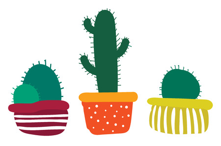 Set of decorative cactus plant pots vector or color illustrationのイラスト素材