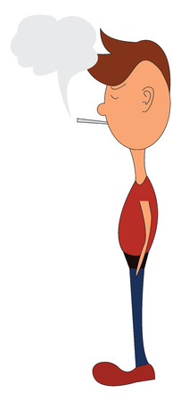 Simple cartoon of a man in red shirt and blue pants smoking vector illustration on white backgroundのイラスト素材