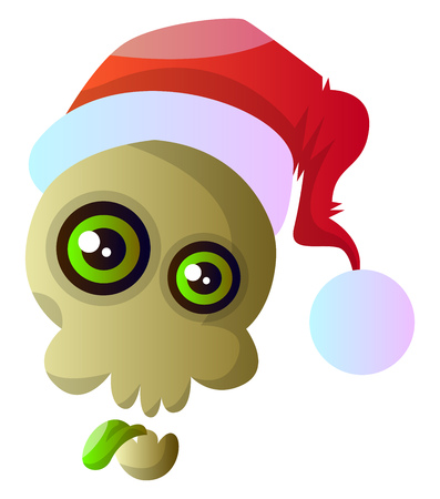 Cartoon skull with red christmas hat vector illustartion on white backgroundのイラスト素材