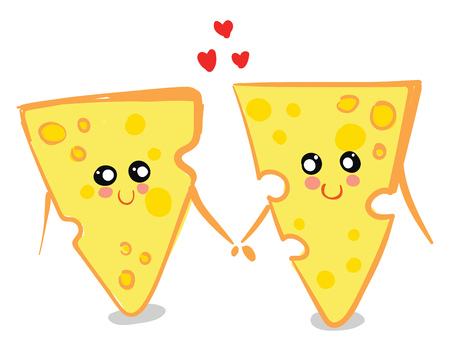 Two yellow-colored love cheese holding hands together are with smiling eyes and a broad closed smile turning up to rosy cheeks while standing vector color drawing or illustration のイラスト素材